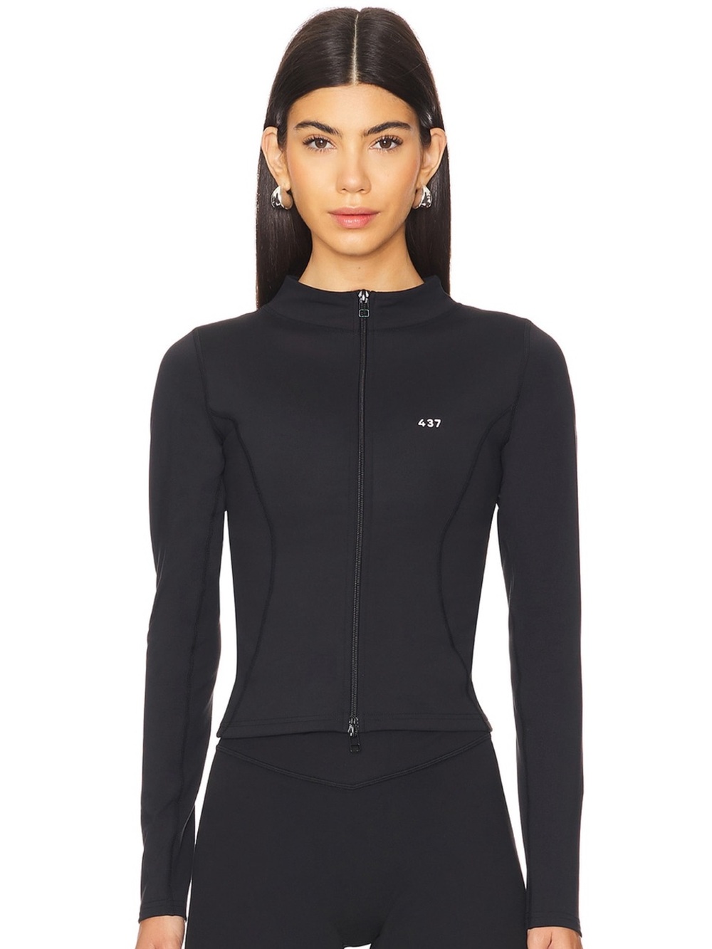 437 Black Zip-Front Long Sleeve Women's Top